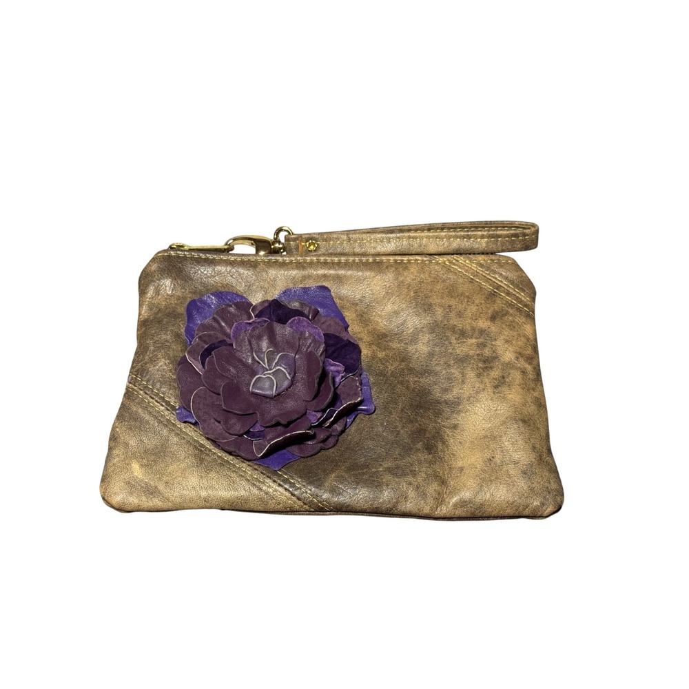 Refind Originals Brown Leather Wristlet Pouch Purple Flower Floral Lining Boho - Picture 2 of 6